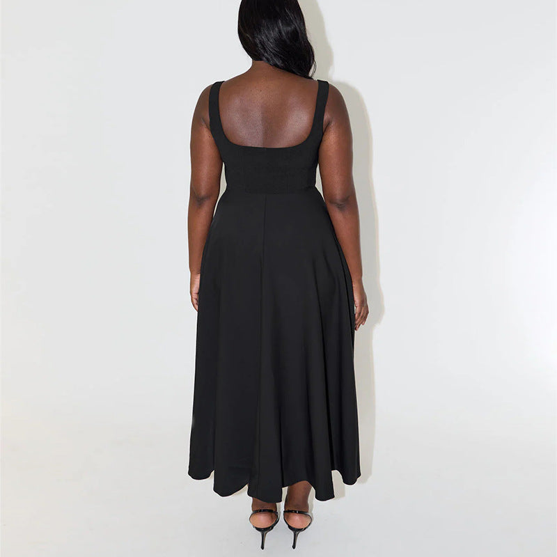 Solid Color Shoulder Strap Slim Fit Mid-length Dress