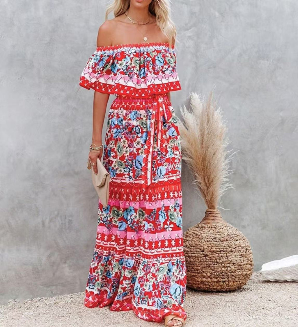 Summer European And American Off-shoulder Printing Belt Long Large Hem Dress