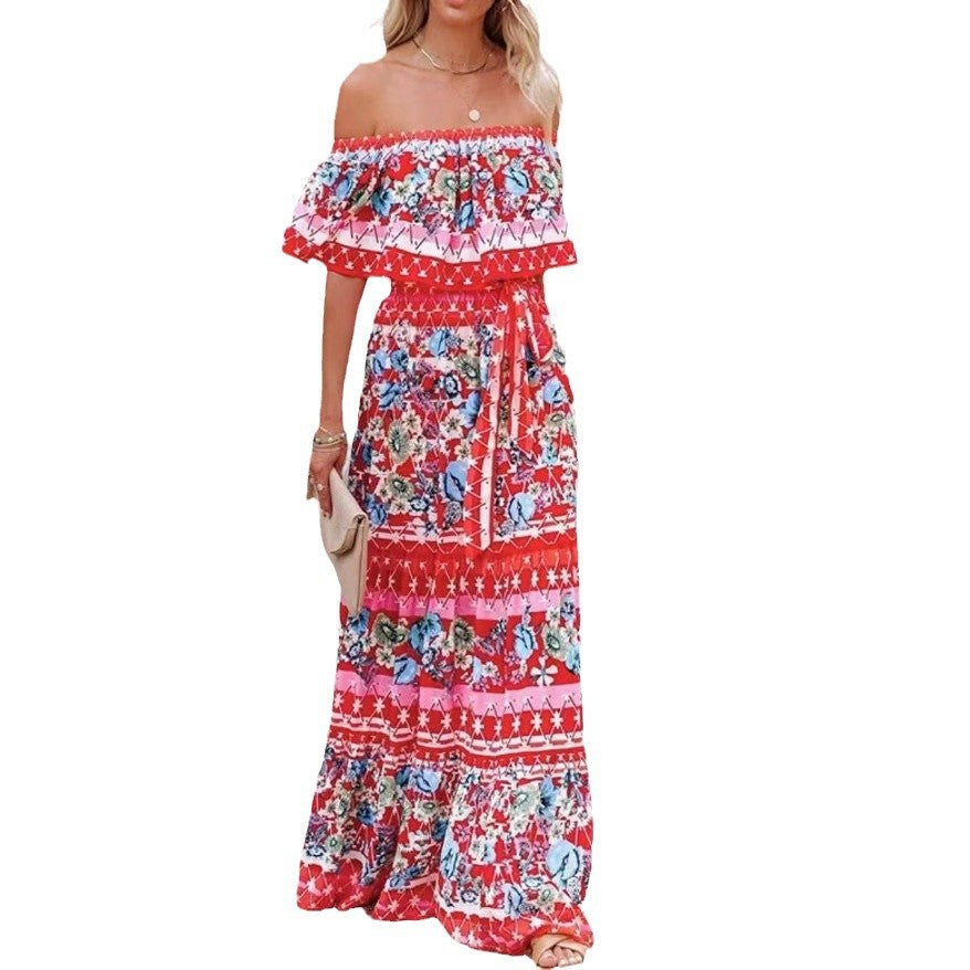 Summer European And American Off-shoulder Printing Belt Long Large Hem Dress