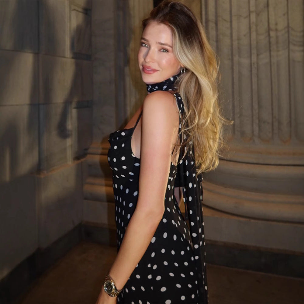 Women's High-grade Sleeveless Polka Dot Scarf Collar Ruffled Spaghetti Straps Dress