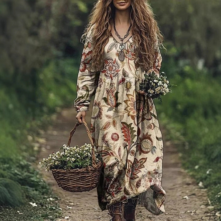 Printed Dress V-neck Long Sleeve Plus Size