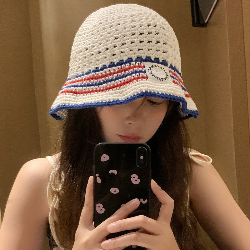 Striped Bucket Hat Women's Hollow Breathable Small Bucket Cap