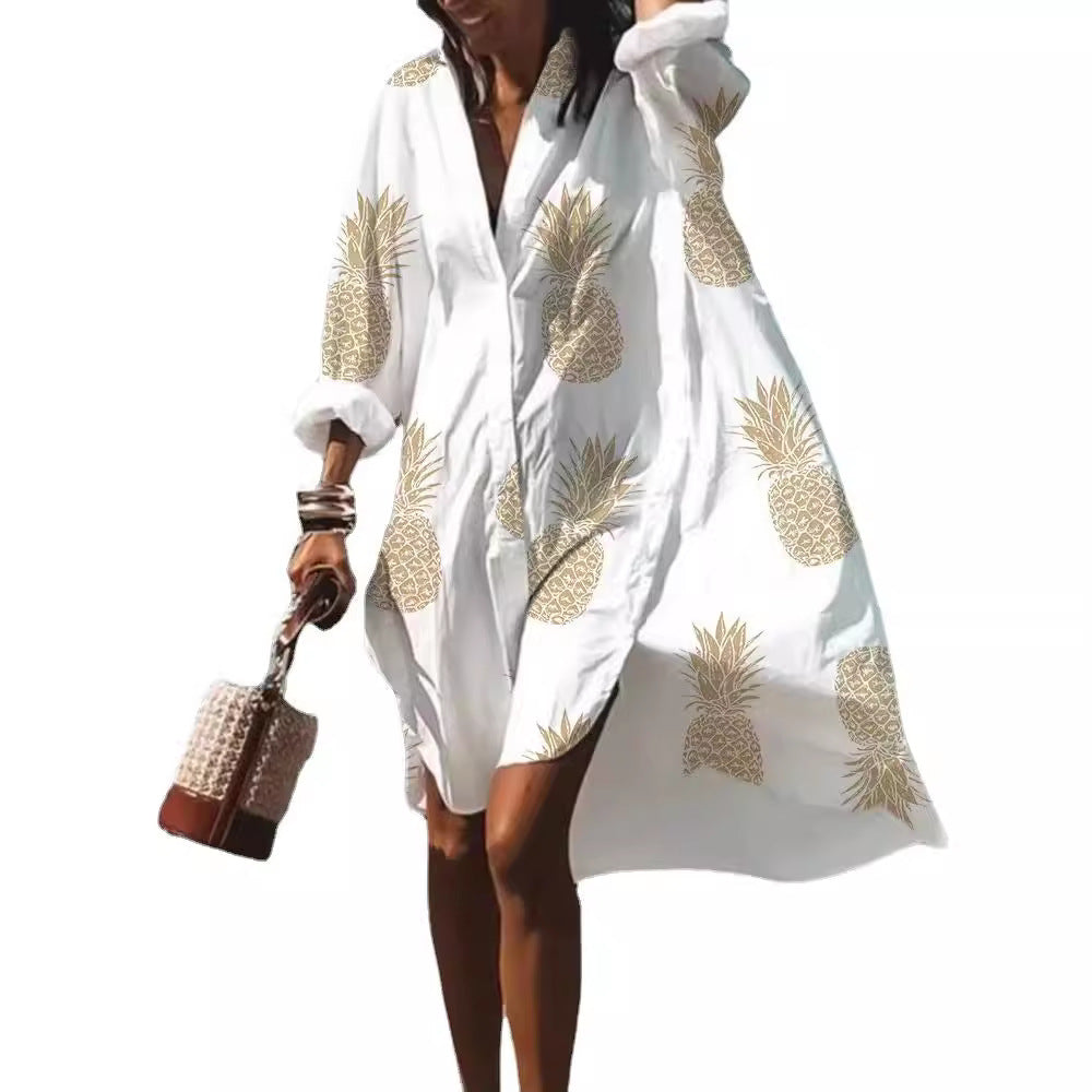 Women's Loose Digital Printing Long-sleeved Lapel Shirt Dress