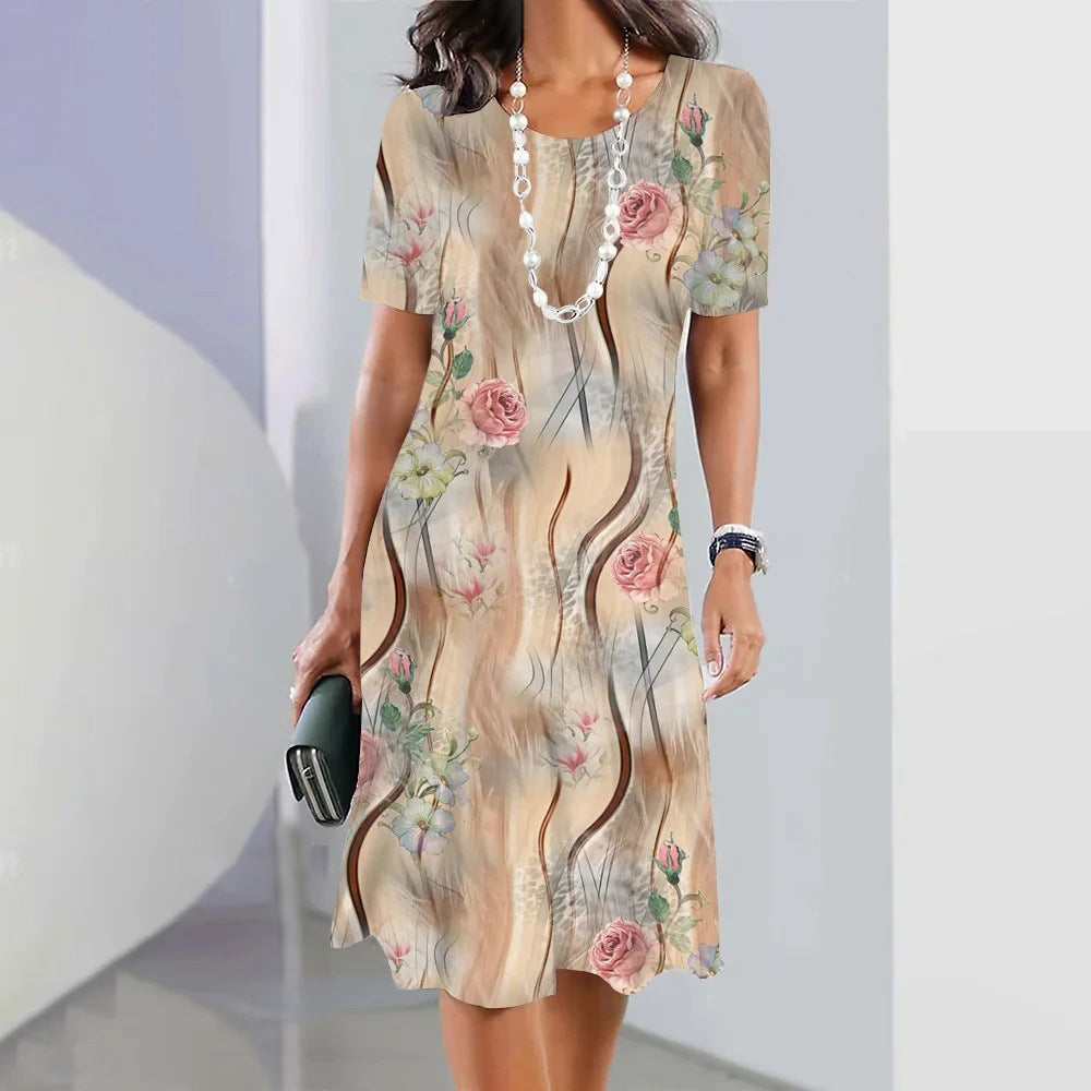 Flower Colorful Sweet Fresh And Loose Round Neck Dress