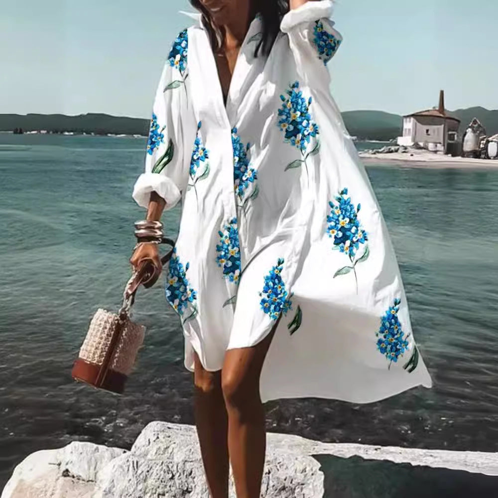 Women's Loose Digital Printing Long-sleeved Lapel Shirt Dress