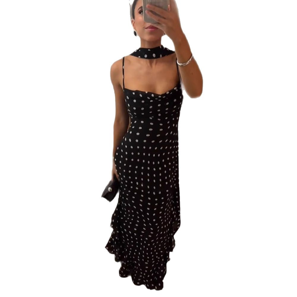 Women's High-grade Sleeveless Polka Dot Scarf Collar Ruffled Spaghetti Straps Dress