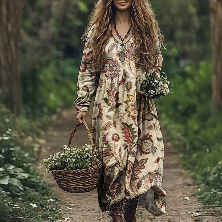 Printed Dress V-neck Long Sleeve Plus Size