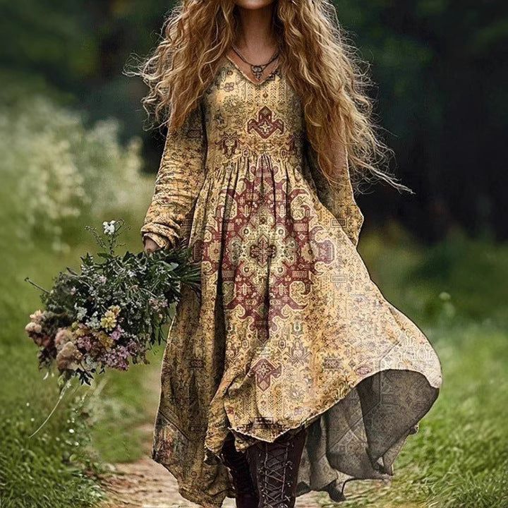 Printed Dress V-neck Long Sleeve Plus Size