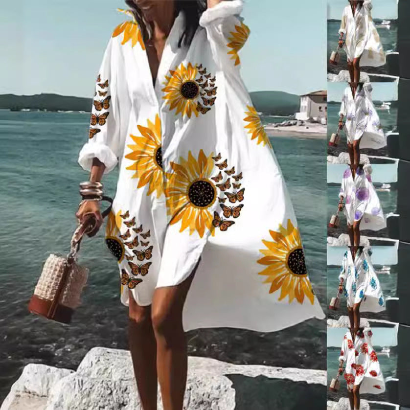 Women's Loose Digital Printing Long-sleeved Lapel Shirt Dress