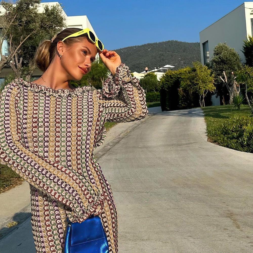 Popular Contrast Color Lace Backless Long Sleeve Dress