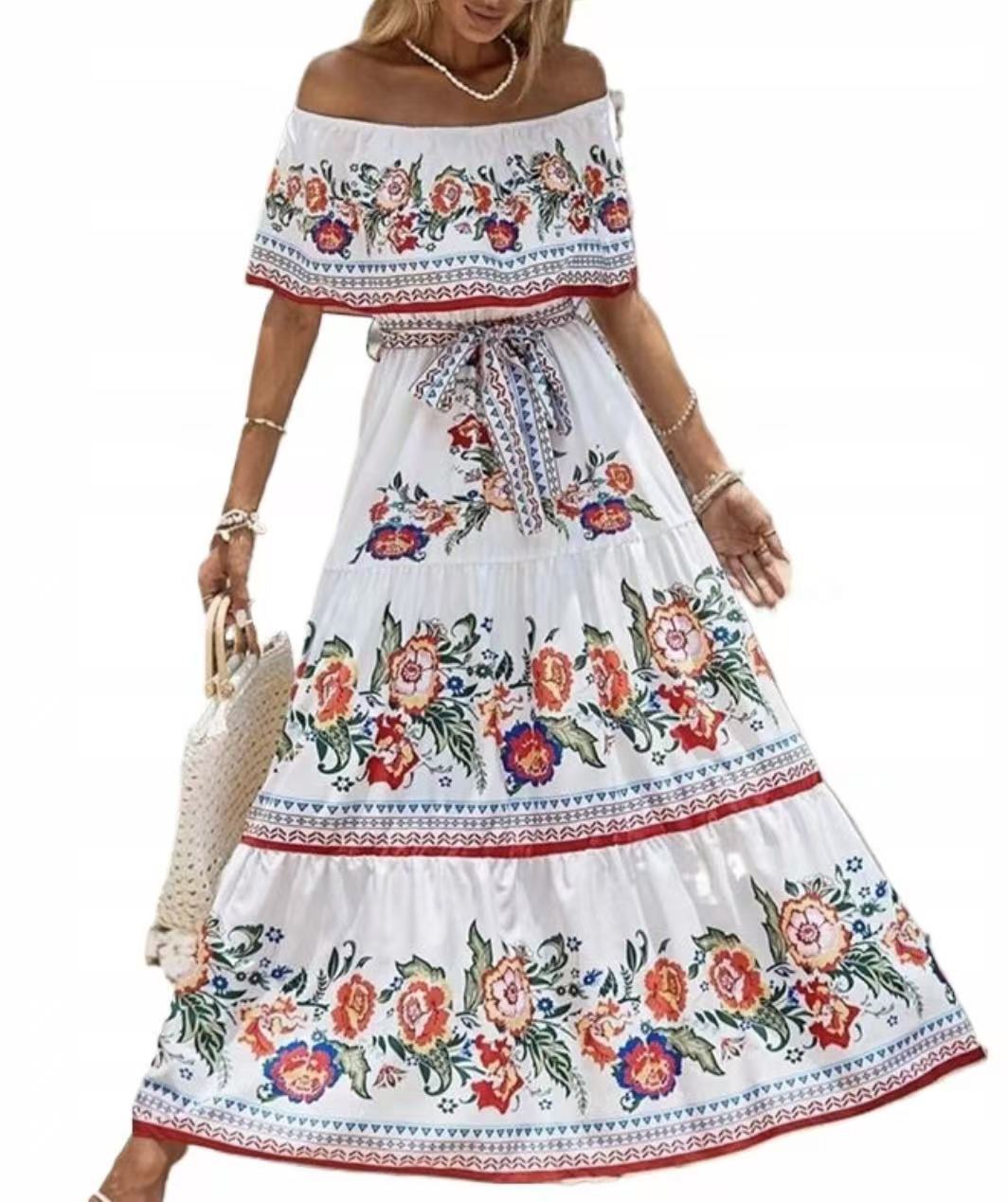 Summer European And American Off-shoulder Printing Belt Long Large Hem Dress