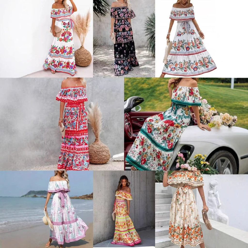 Summer European And American Off-shoulder Printing Belt Long Large Hem Dress