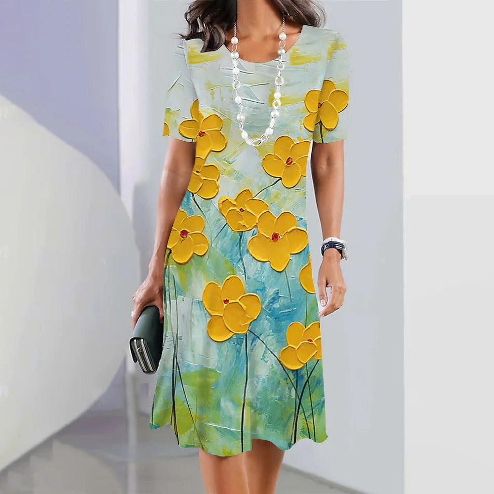 Flower Colorful Sweet Fresh And Loose Round Neck Dress