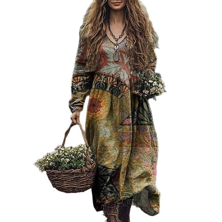 Printed Dress V-neck Long Sleeve Plus Size