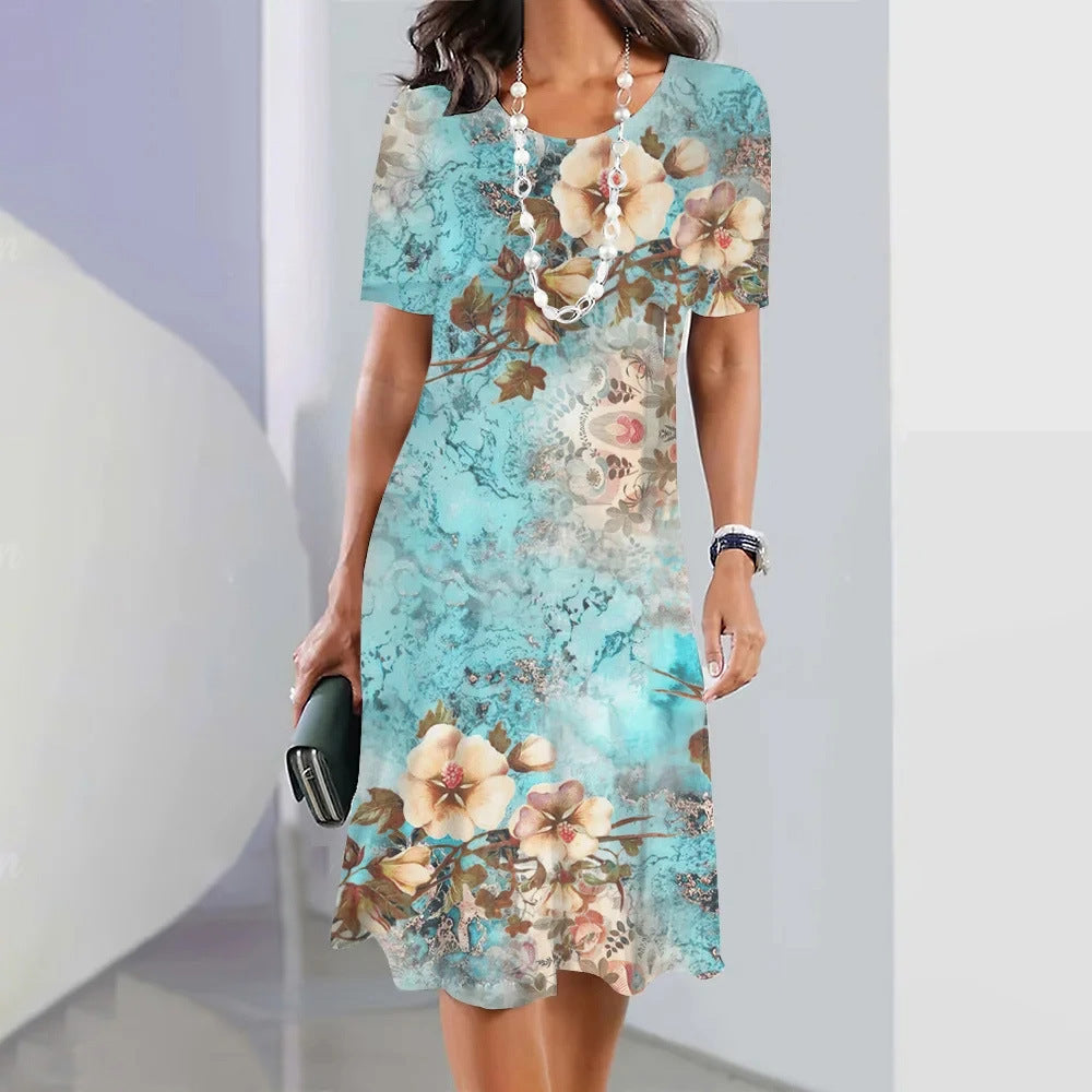 Flower Colorful Sweet Fresh And Loose Round Neck Dress