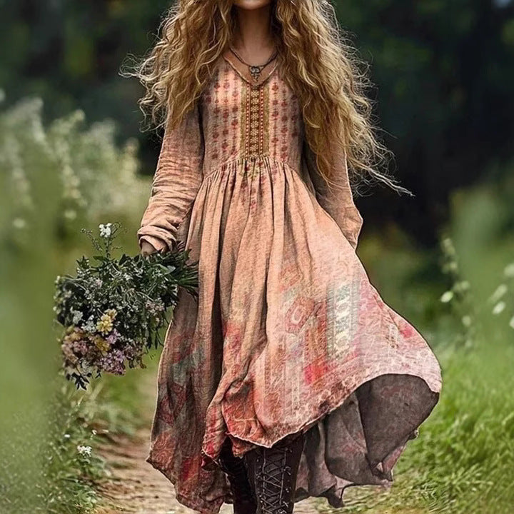 Printed Dress V-neck Long Sleeve Plus Size