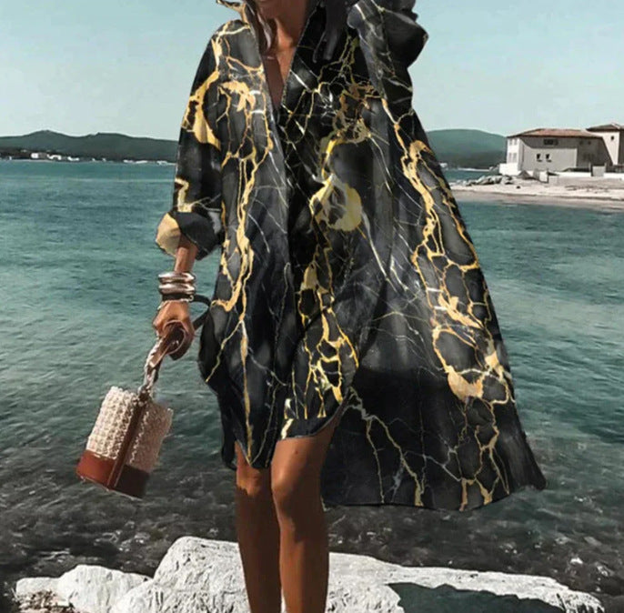 Women's Loose Digital Printing Long-sleeved Lapel Shirt Dress