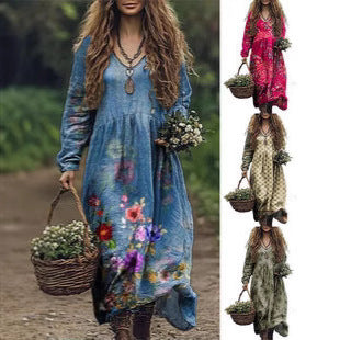 Printed Dress V-neck Long Sleeve Plus Size