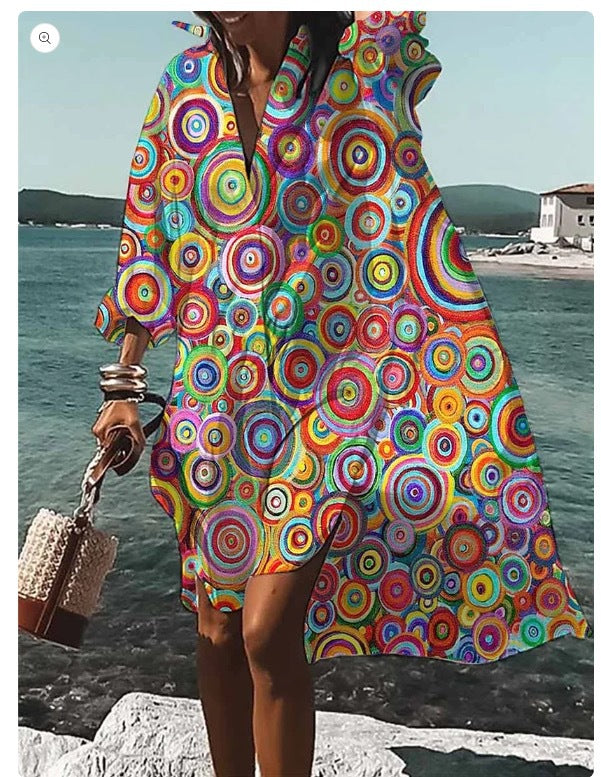 Women's Loose Digital Printing Long-sleeved Lapel Shirt Dress