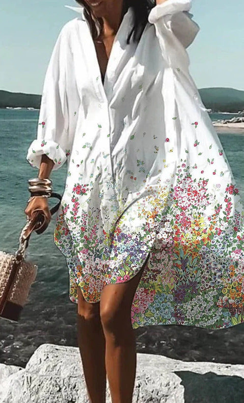 Women's Loose Digital Printing Long-sleeved Lapel Shirt Dress