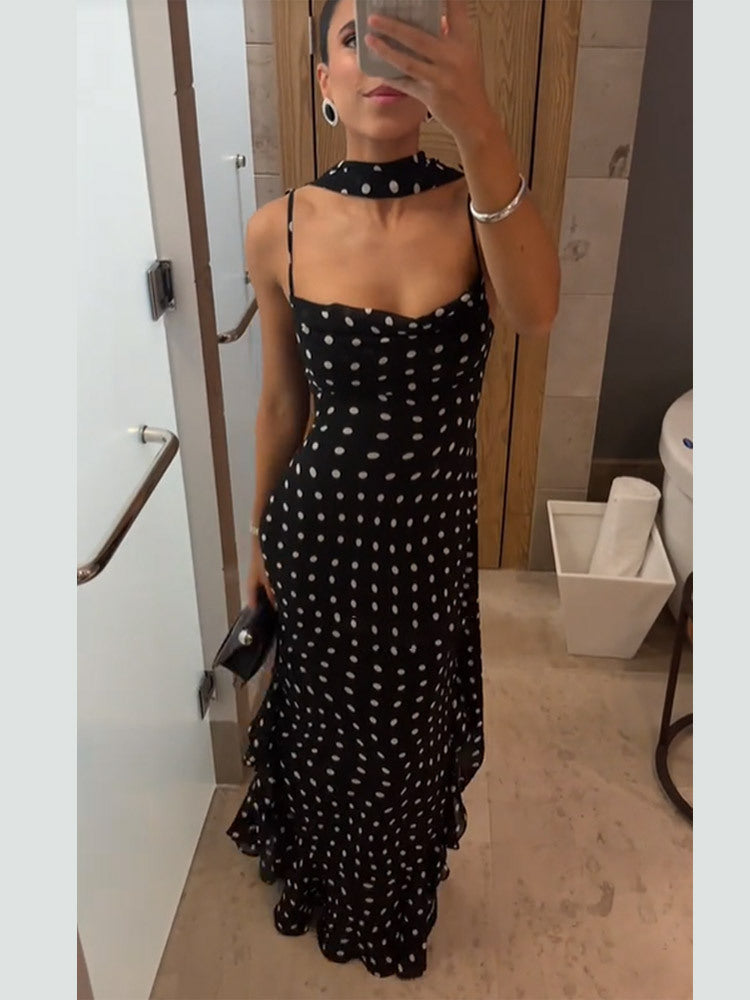 Women's High-grade Sleeveless Polka Dot Scarf Collar Ruffled Spaghetti Straps Dress