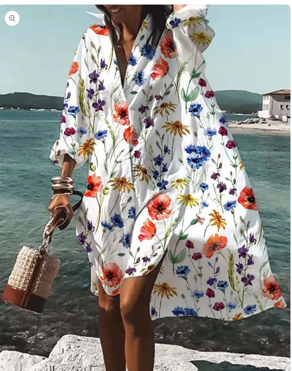 Women's Loose Digital Printing Long-sleeved Lapel Shirt Dress