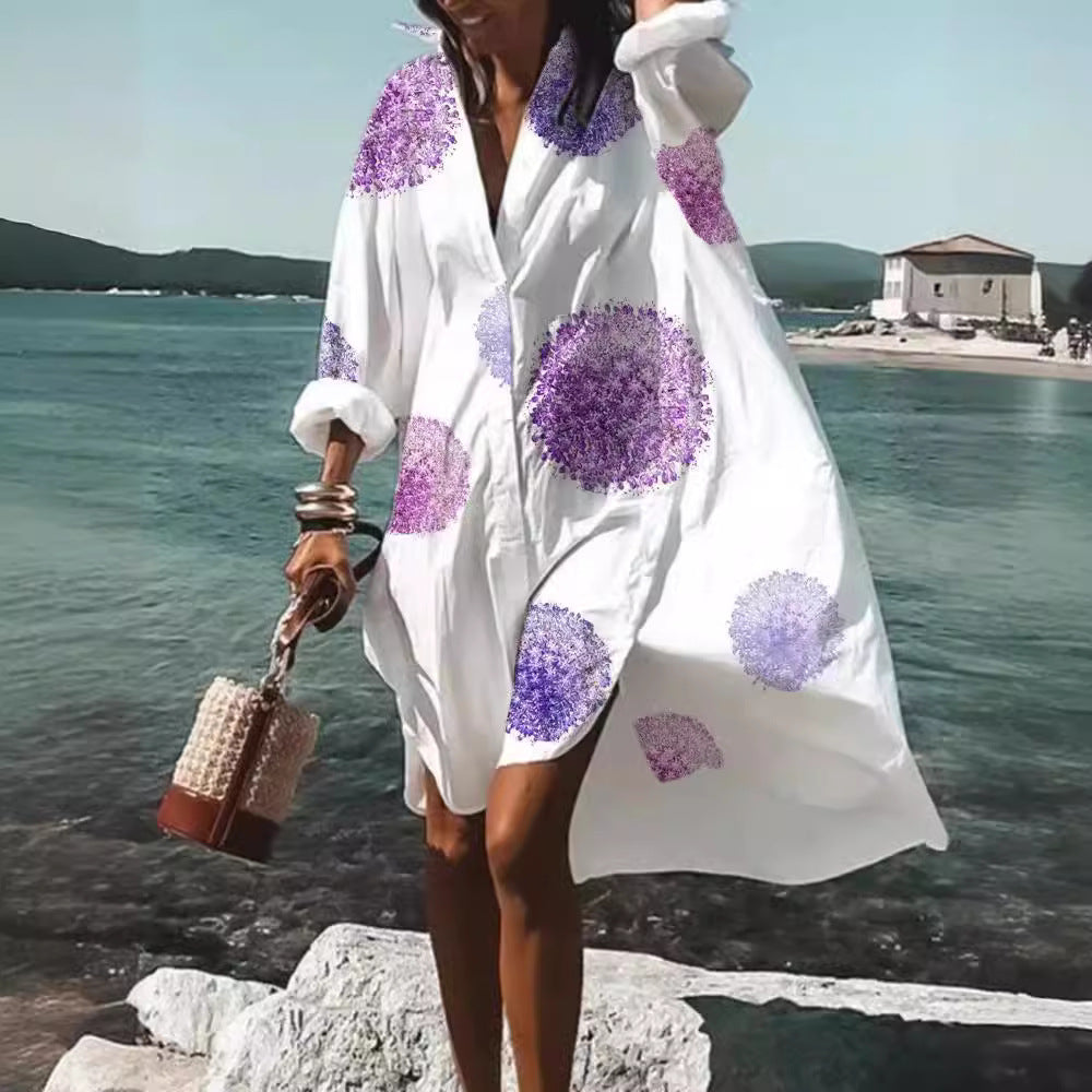 Women's Loose Digital Printing Long-sleeved Lapel Shirt Dress