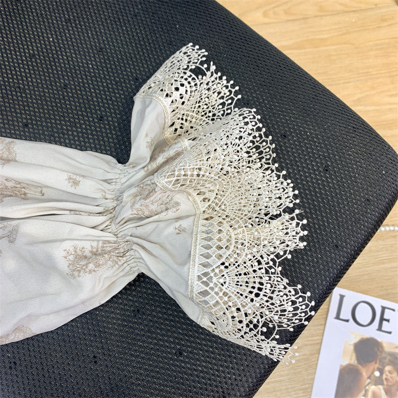 Printed Waist Lace One Word Collar Top Temperament