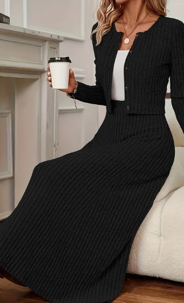 Oriented Fashion Elegant Autumn-Winter New Long-Sleeve Flared Skirt Button-Up Round Neck Cardigan Short Solid Color Goddess Soft Temperament Midi Dress Set