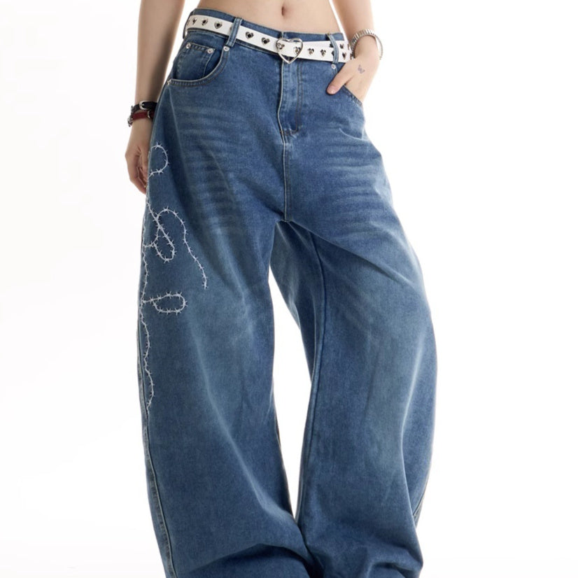 American Retro Hot Girl Embroidered Machete Jeans