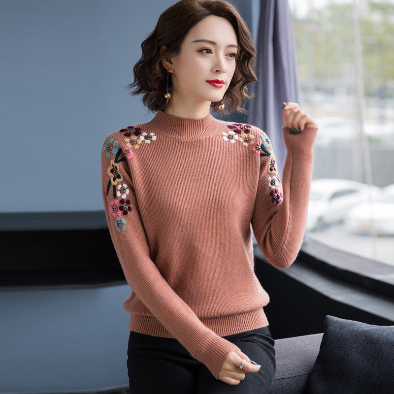 Knitted Pullover Sweater Female Loose Mock Neck