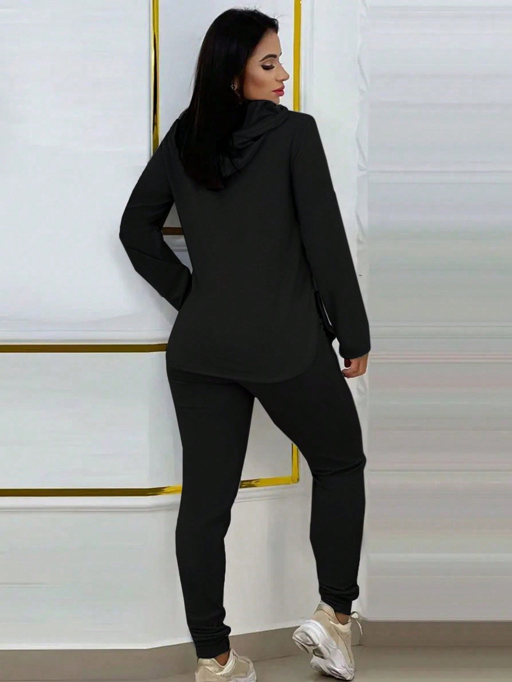 2pcs Set Women Solid Color Drawstring Hooded Long Sleeve Top And Pants Casual Suit