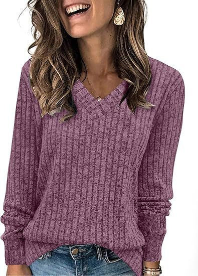 Top V-neck Long Sleeve Sunken Stripe Brushed T-shirt