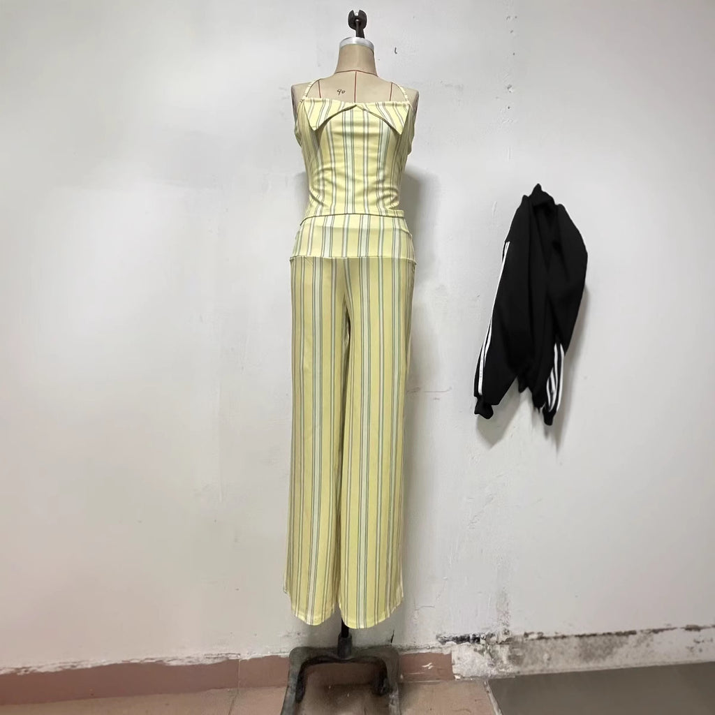 Sexy Strapless Striped Tube Top High Waist Casual Trousers Two-piece Set