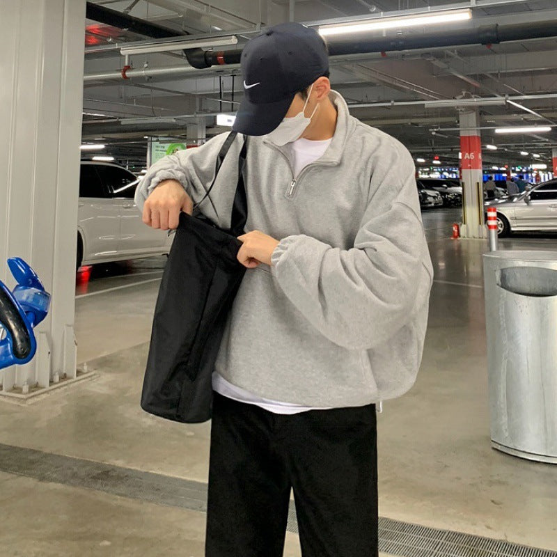 Casual Long Sleeve Loose Coat Half High Neck Zipper Sweater For Men