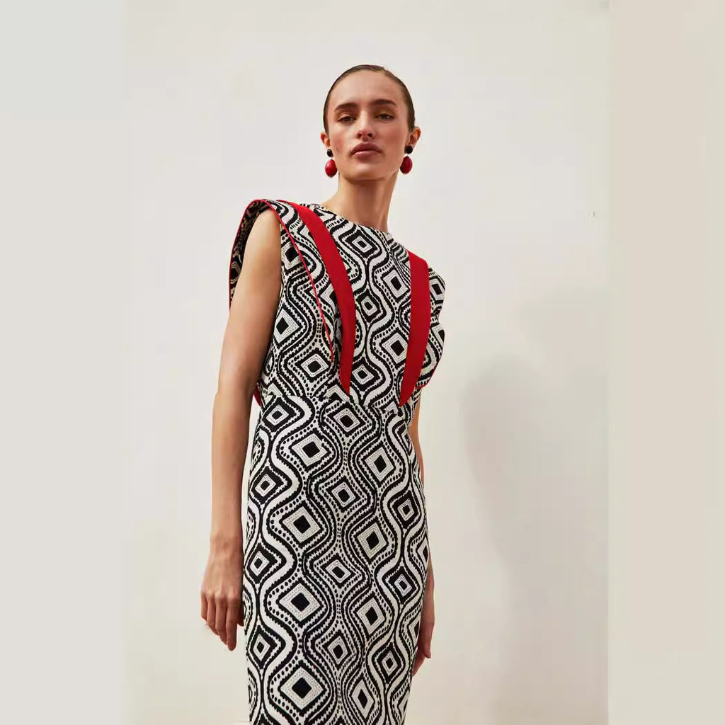 Retro Style Sleeveless Dress Color Collision Design Waist Trimming Printing