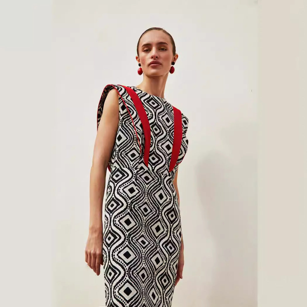 Retro Style Sleeveless Dress Color Collision Design Waist Trimming Printing