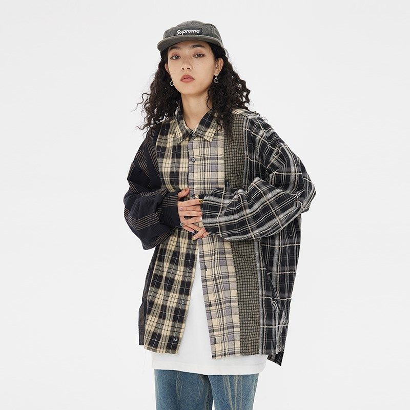 American Retro Stitching Plaid Casual Shirt For Men