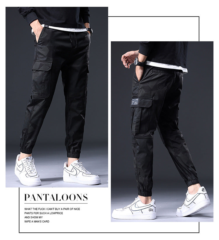 Elastic Waist Camouflage Multi-bag Casual Pants Men's Japanese Fashion Brand Loose Tappered Cropped Pants Outdoor Harem Overalls