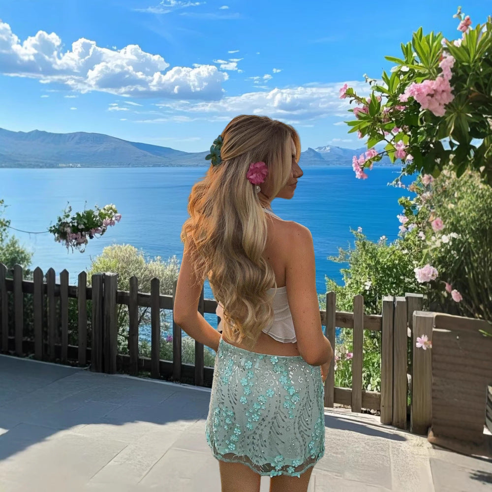 Women's Embroidered Mesh Sequins Flower Skirt