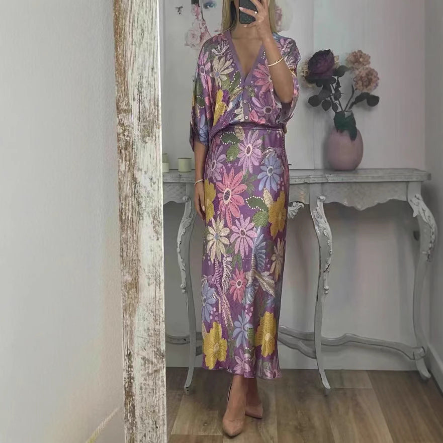 Elegant Home Satin Printed Short Sleeve Wrapped Skirt