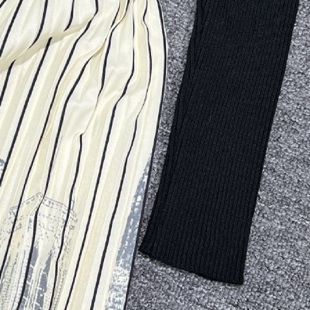 Long Sleeve Patchwork Pleated Skirt