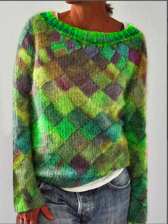 Printed Long Sleeve Collar Sweater Women's Polyester Multi-color Retro