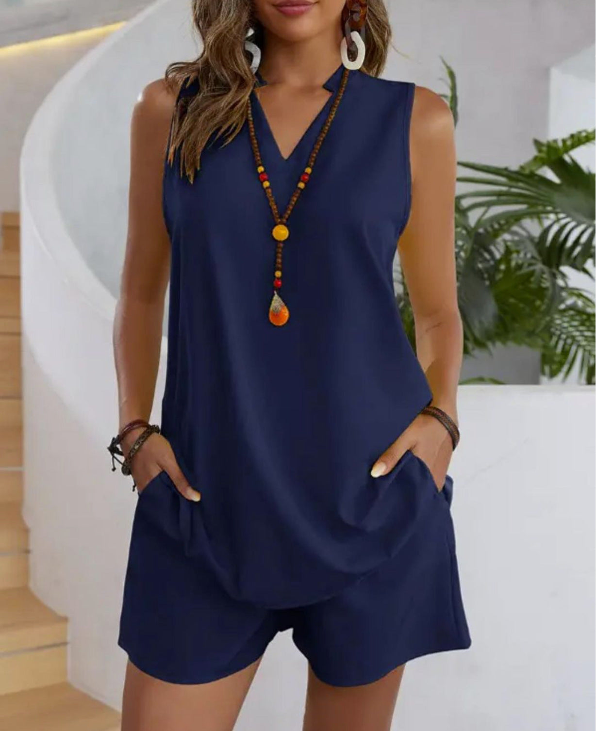 Solid Color Sleeveless Casual Top Loose Shorts Suit Women