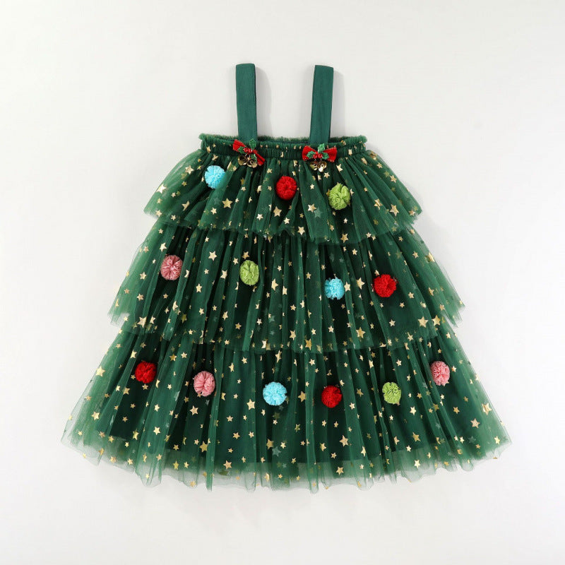 Christmas Tree Green Suspenders Mesh Children Dress