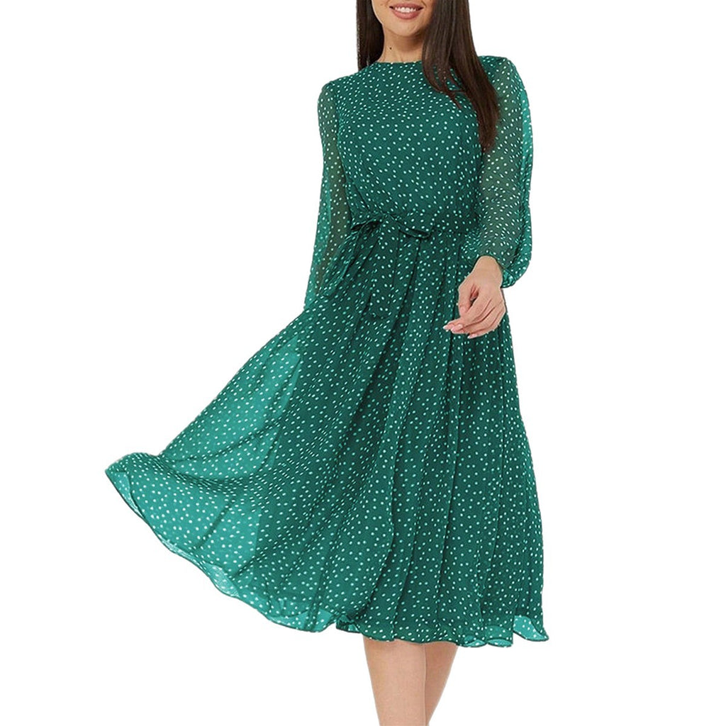 European And American Leisure Vacation Style Polka Dot Long Sleeve Maxi Dress
