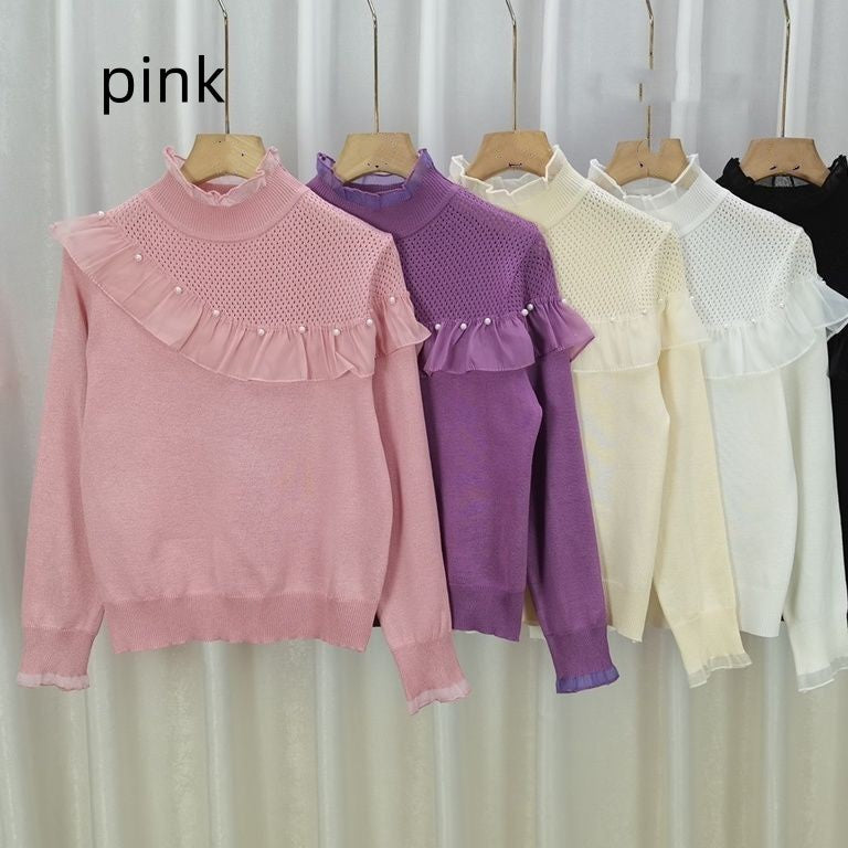 Women's Ruffled Stitching Half-high Collar Long Sleeves Knitwear