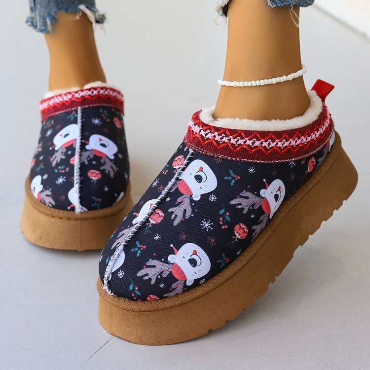 Women's Shoes Cartoon Pattern Thick Bottom Plush Low Top Toe Cap Lazy Slippers