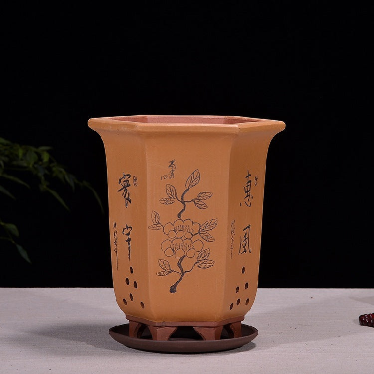 Fine Zisha Flowerpot Hand-carved Hexagonal