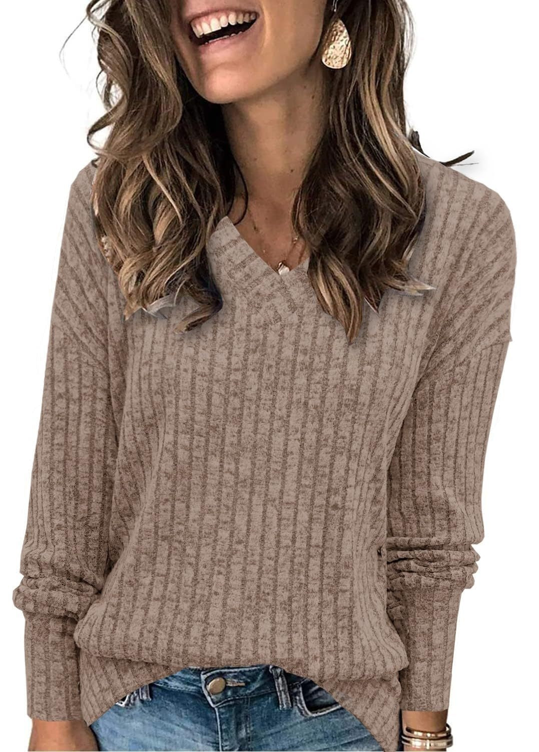 Top V-neck Long Sleeve Sunken Stripe Brushed T-shirt